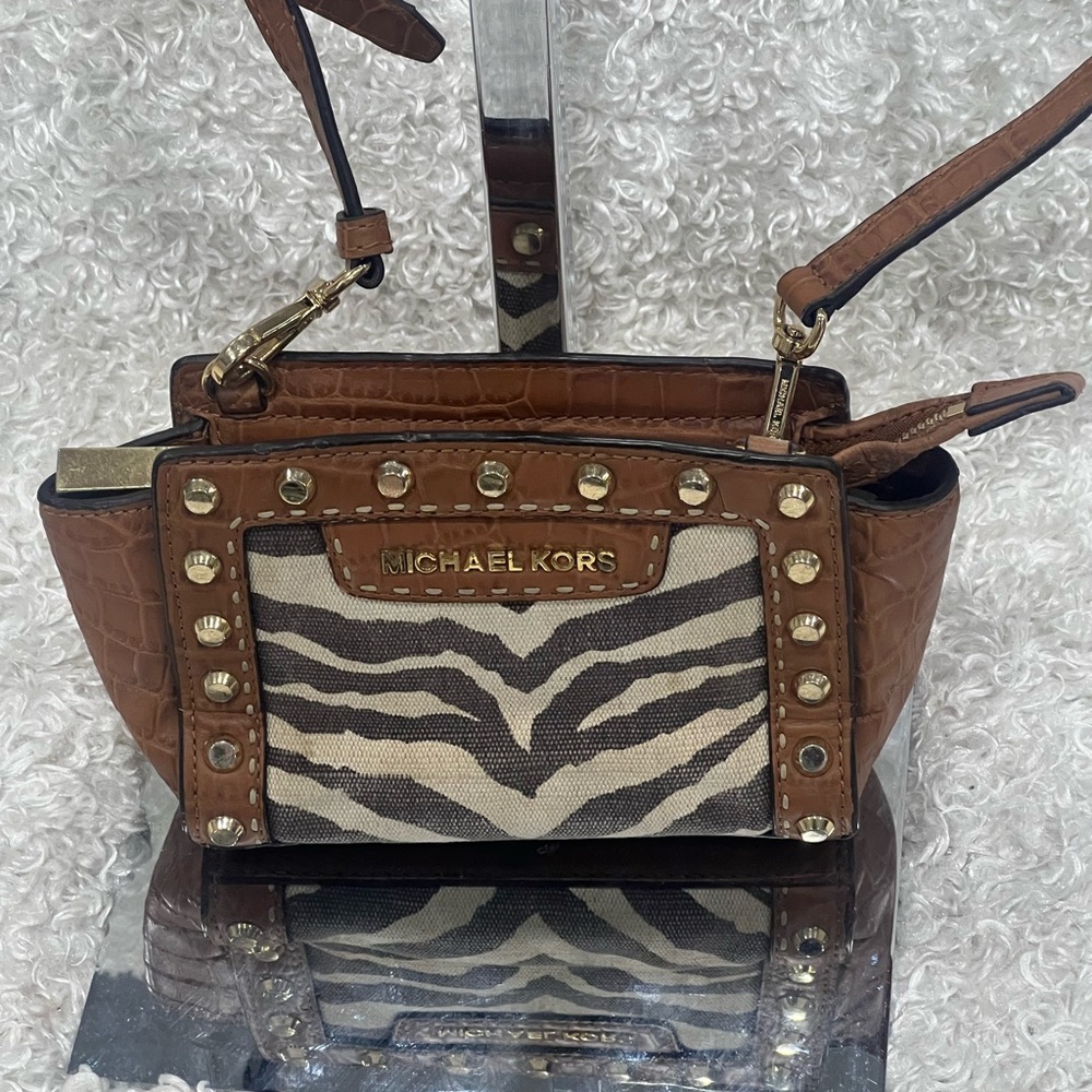 Michael Kors Zebra Print Canvas Croc Leather Stud… - image 1